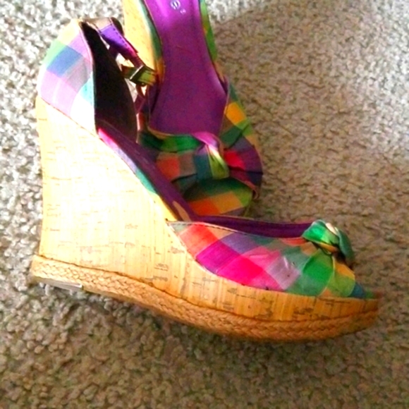 Plaid multi color summer wedge sandals - Picture 2 of 6